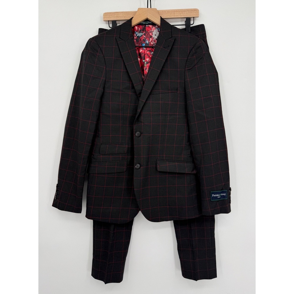 Paisley & Gray Suit Mens 36R Black Red Plaid Slim Fit Jacket Pants 30x29